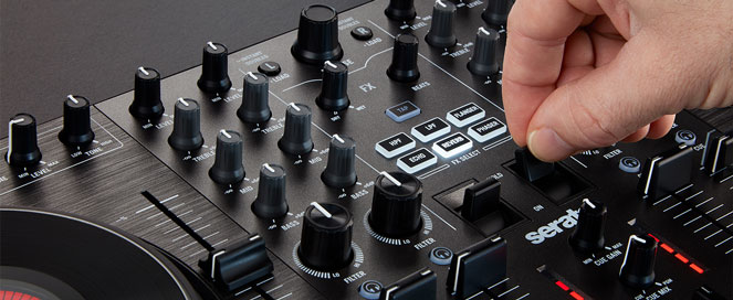 4-channel DJ controller effects and filter knobs