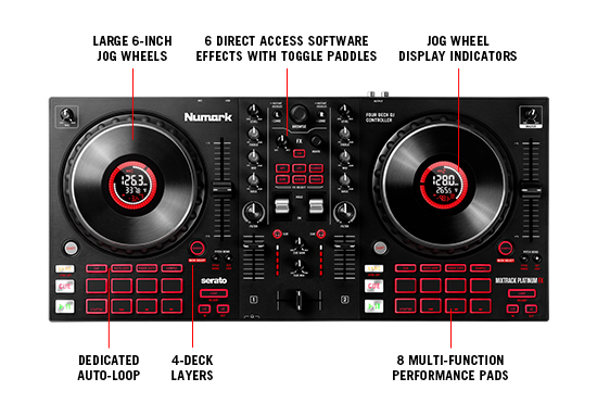Compact USB to DMX Interface and Serato DJ Lite Included 4-Deck DJ Controller with LCD Displays Numark Mixtrack Platinum SoundSwitch DMX Micro Interface Touch-Capacitive Jog Wheels 